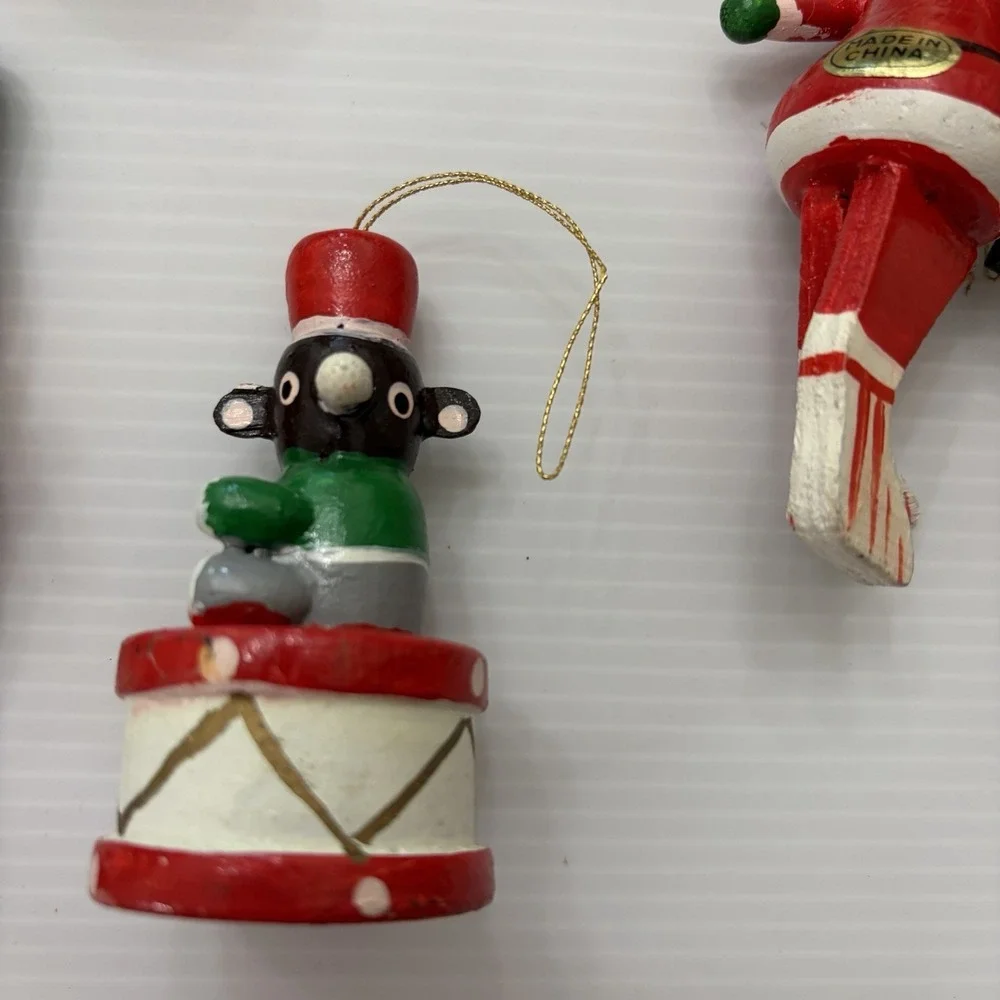 Vintage 70s 80s Wooden Christmas Tree Ornaments Lot Of 8 Folk Art Angel Santa